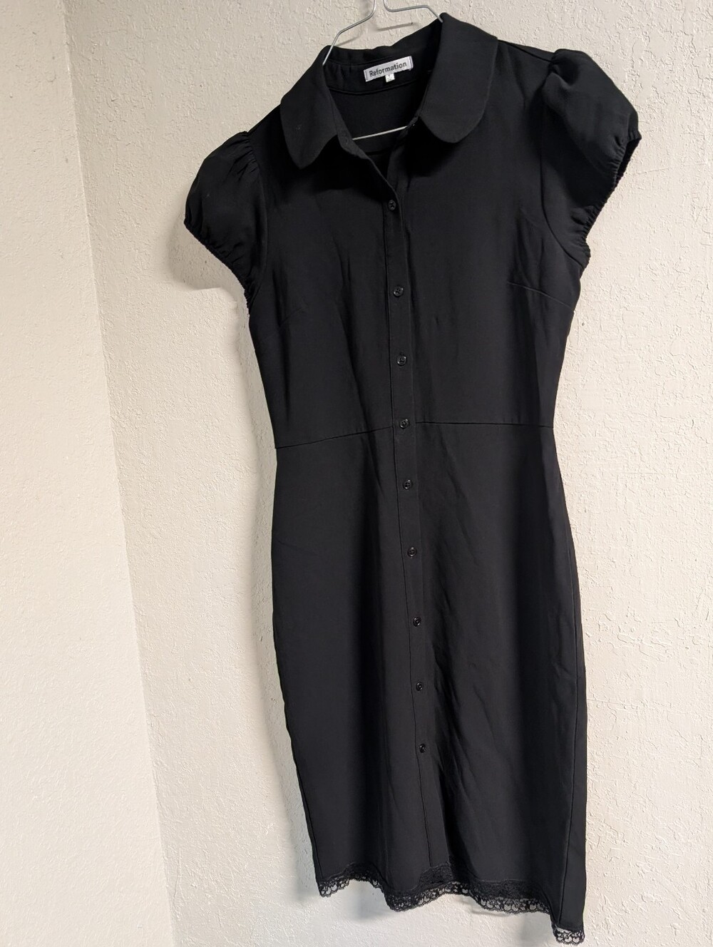 Reformation Francine Dress Black 6 Midi Button Up Cap Sleeve Lace Hem Capsule